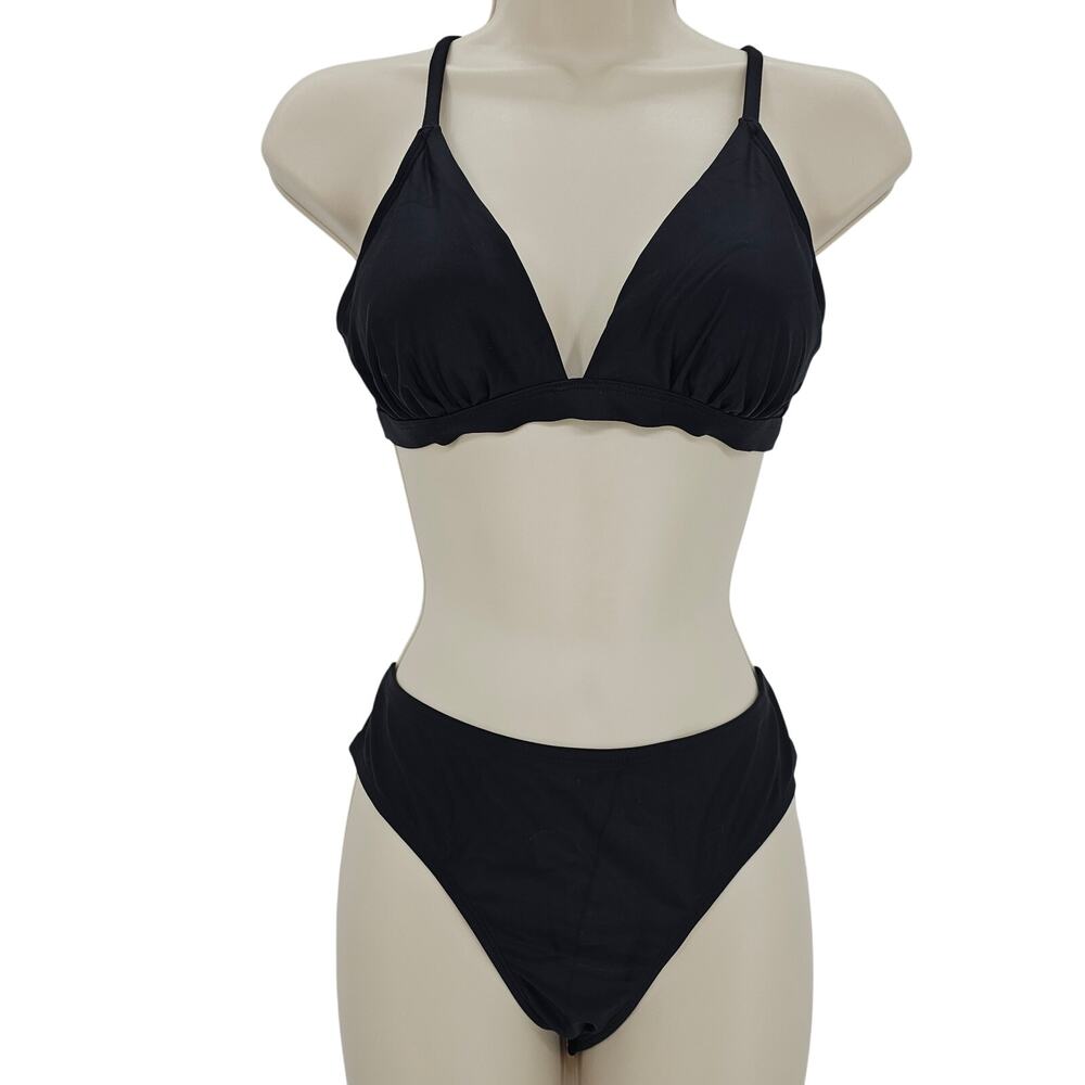 Cupshe Womans size M Black Deep V-Neck Criss Cross Lace Up Back Bikini NEW
